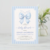 Invitation It's a Boy Blue Bow and Stripes Baby Shower (Debout devant)