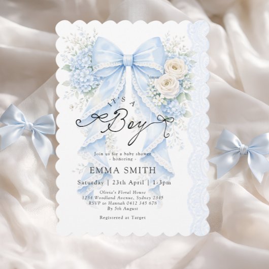 Invitation It's a Boy Blue Bow Floral Baby Shower
