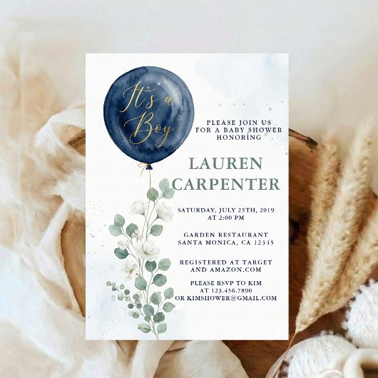 Invitation Its a Boy Celebration Navy Blue Balloon Baby Showe