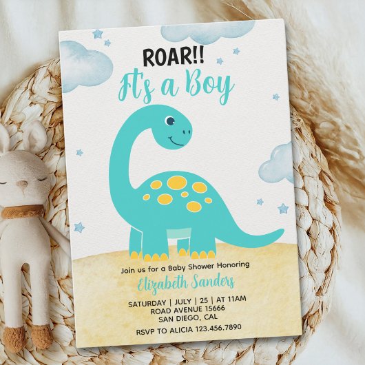 Invitation It's a Boy, Cute Watercolor Dinosaur Baby shower 