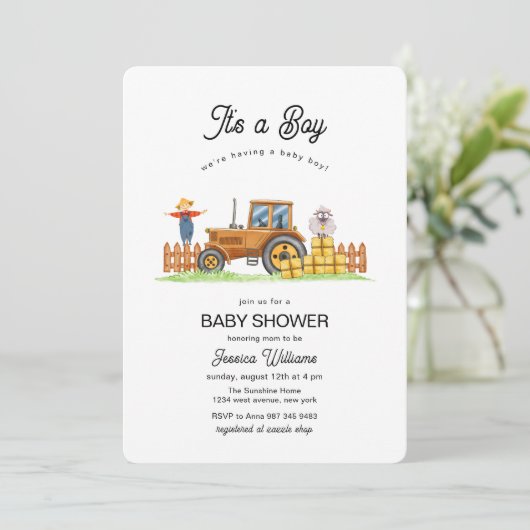 Invitation It's A Boy Framer Tractor Baby Shower  (Debout devant)