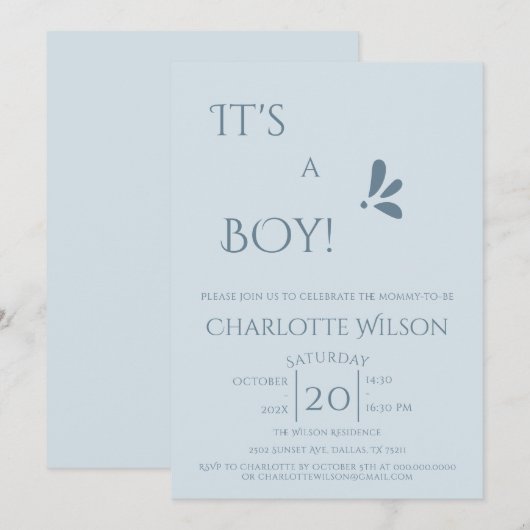 Invitation It's A Boy! Minimalism Pastel Blue Baby Shower (Devant / Derrière)