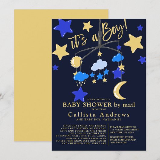 Invitation It's a Boy Moon Stars Mobile Baby Shower By Mail (Devant / Derrière)