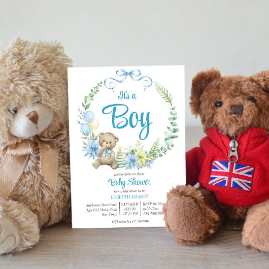 Invitation It's a boy teddy bear floral arch baby shower