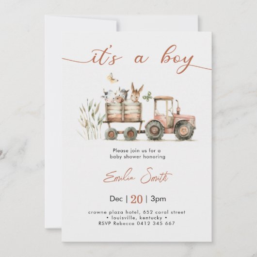 Invitation  It's a Boy Tractor Baby Shower (Devant)
