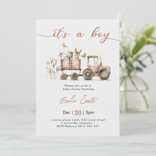 Invitation It's a Boy Tractor Baby Shower (Debout devant)