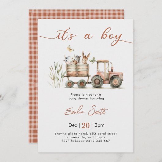 Invitation  It's a Boy Tractor Baby Shower (Devant / Derrière)