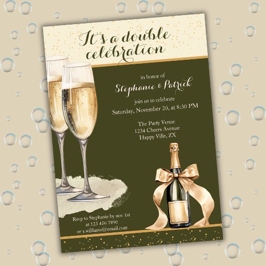 Invitation It's a Double Celebration Green Champagne Birthday