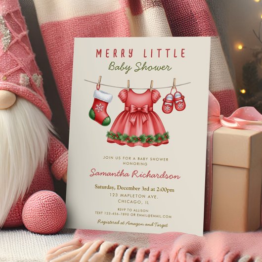 Invitation It's a Girl baby clothes Merry Little Christmas