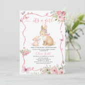 Invitation It's a Girl Bunny Baby Shower Pink Floral (Debout devant)