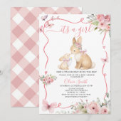 Invitation It's a Girl Bunny Baby Shower Pink Floral (Devant / Derrière)