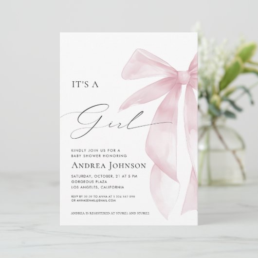 Invitation It's a Girl | Elegant Classy Pink Bow Baby Shower (Debout devant)
