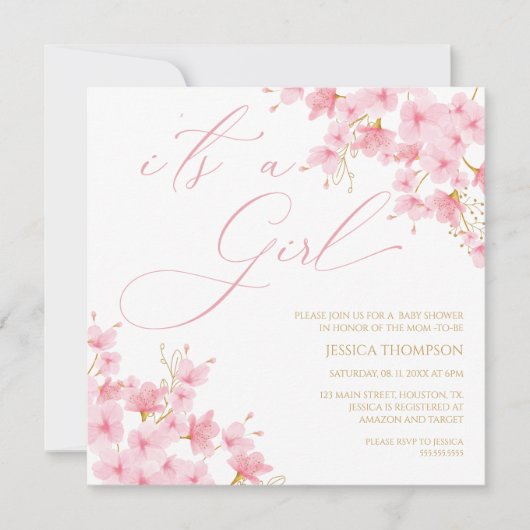 Invitation i'ts a Girl Floral Baby Shower Cherry Blossom (Devant)
