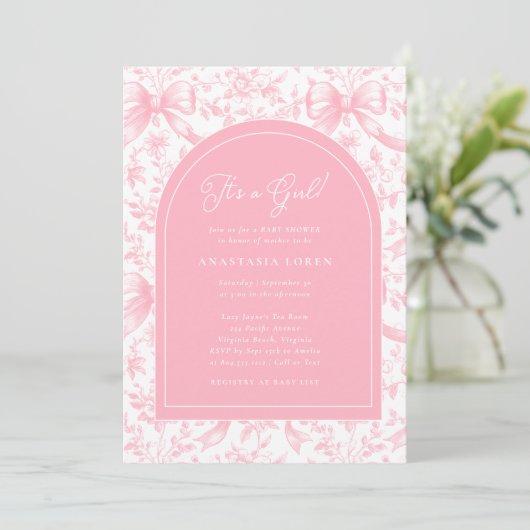 Invitation It's a Girl Pink Bow Toile Modern Baby Shower  (Debout devant)