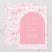 Invitation It's a Girl Pink Bow Toile Modern Baby Shower  (Devant / Derrière)