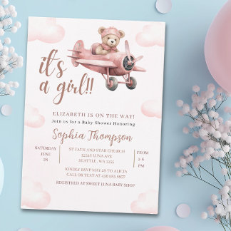 Invitation It's a Girl, Pink Teddy Bear Baby Shower Girl