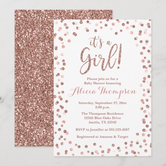 Invitation It's a Girl Rose Gold Baby Shower (Devant / Derrière)