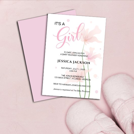 Invitation It's a Girl Soft Blush Pink Flowers