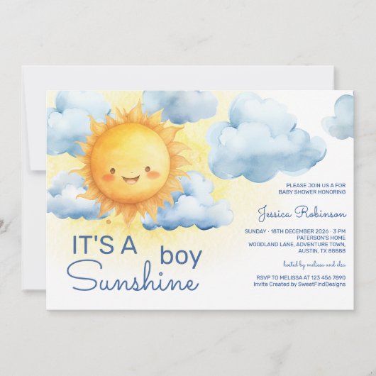 Invitation It's a Sunshine Boy Baby Shower (Devant)