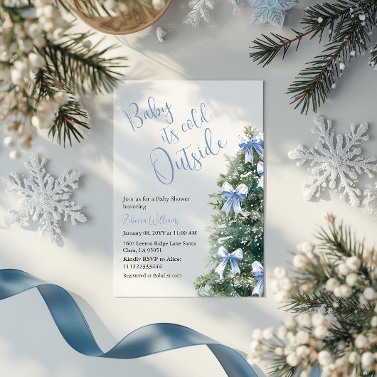 Invitation It's Cold Outside Blue Bow Winter Boy Baby Shower