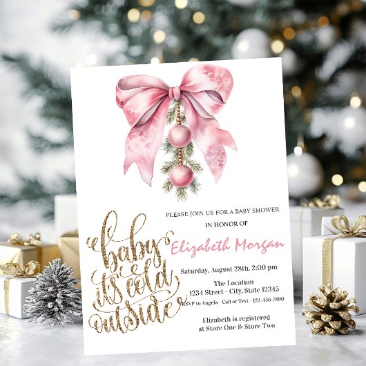 Invitation It's Cold Pink Bow Christmas Balls Baby Shower  