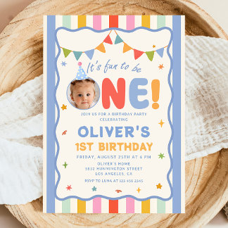 Invitation Its Fun To Be One Photo Stripes 1st Birthday