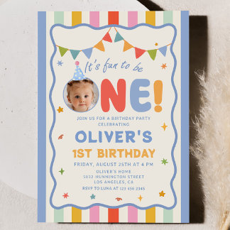 Invitation Its Fun To Be One Photo Stripes 1st Birthday