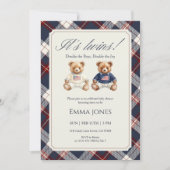 Invitation Its Twins Double Plaid teddy bear Baby Shower (Devant)