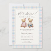 Invitation Its Twins Pastel Plaid Teddy Bear Baby Shower (Devant)