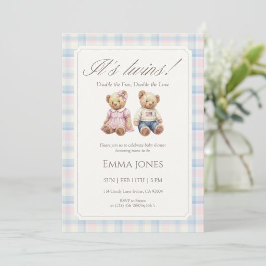 Invitation Its Twins Pastel Plaid Teddy Bear Baby Shower (Debout devant)