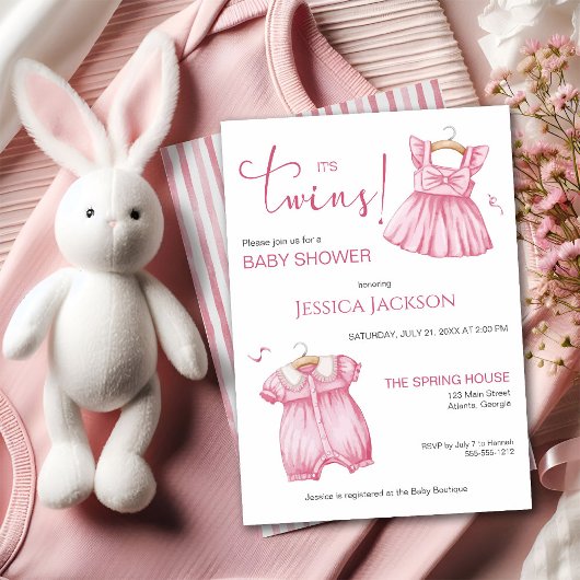 Invitation It's Twins Pink Script Baby Dresses
