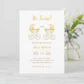 Invitation It's Twins with yellow Carriages Baby Shower (Debout devant)