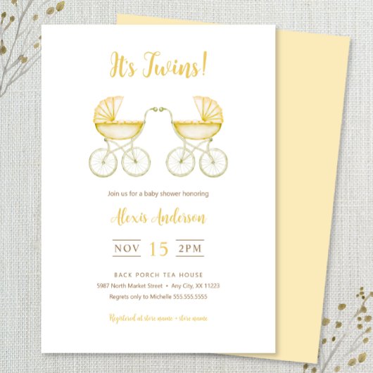 Invitation It's Twins with yellow Carriages Baby Shower
