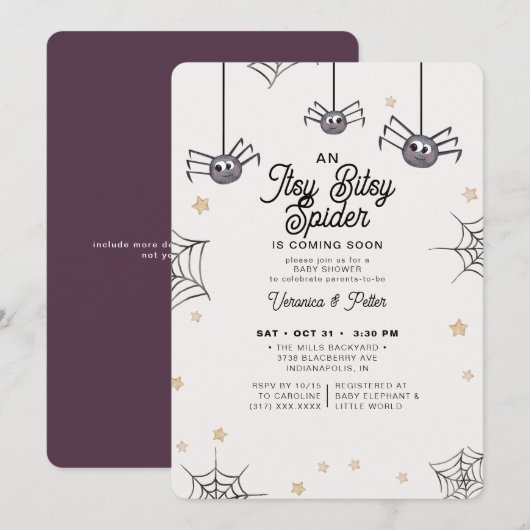 Invitation Itsy Bitsy Spider Girl Baby shower d'Halloween (Devant / Derrière)