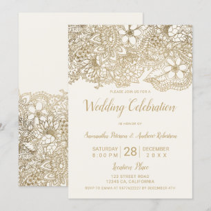Invitation Ivoire beige or floral typographie chic mariage