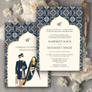 Invitation Ivoire Bleu Nuit Motif Anand Karaj Mariage Sikh