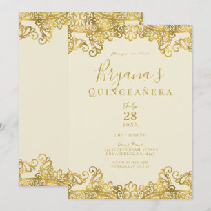 Invitation Ivoire Crème Or Dentelle Élégante Fête de Quinceañ