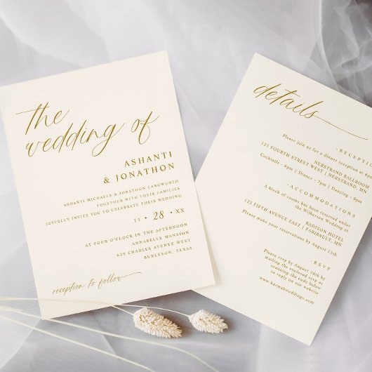 Invitation Ivoire d'or romantique doux tout en un seul Mariag