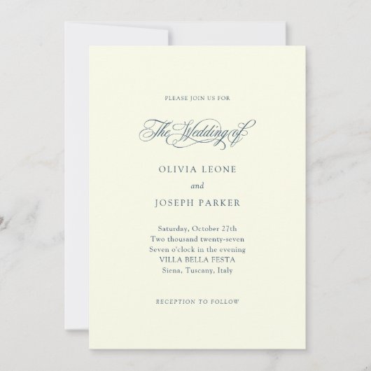 Invitation Ivoire et bleu foncé | Mariage italien minimaliste (Devant)
