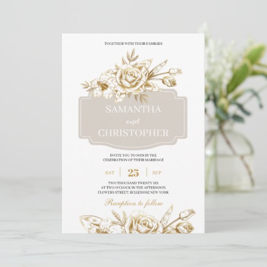 Invitation Ivoire et or rose rustique chic mariage (Debout devant)