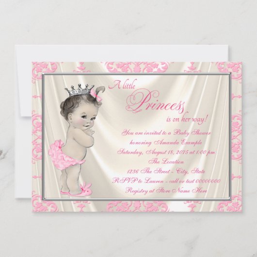 Invitation Ivoire et rose Damas Baby shower Satin (Devant)