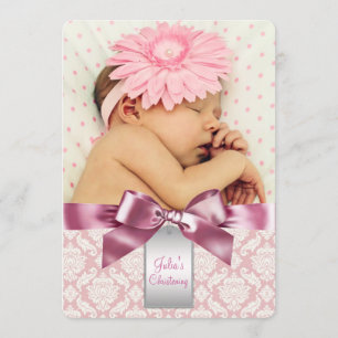 Invitation Ivoire et rose damas bébé fille photo baptême
