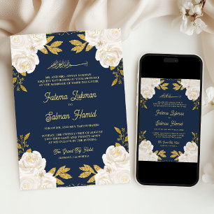 Invitation Ivoire Floral Or Navy Bleu Musulman Mariage