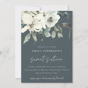 INVITATION IVOIRE GRIS BLANC FLORAL BUNCH SWEET 16 ANNIVERSAI