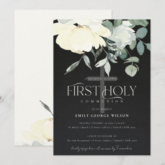 INVITATION IVOIRE NOIR AQUA BLANC PREMIÈRE COMMUNION FLORALE  (Devant / Derrière)