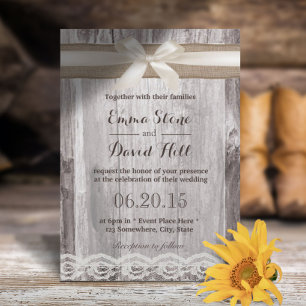 Invitation Ivoire rustique et Mariage en bois Lacé au ruban d