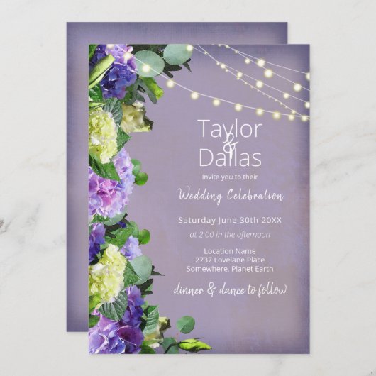 Invitation Ivoiriens et hydrangeas pourpres | Mariage violet (Devant / Derrière)
