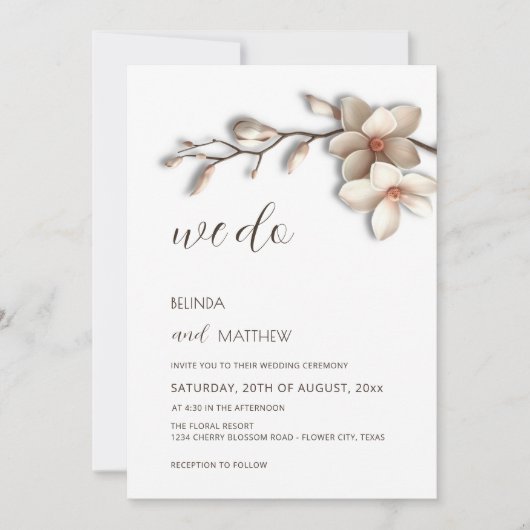 Invitation Ivory 3D Magnolia Flower Casual Wedding (Devant)
