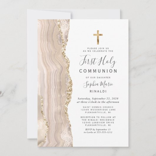 Invitation Ivory Agate Parties scintillant d'or Première comm (Devant)