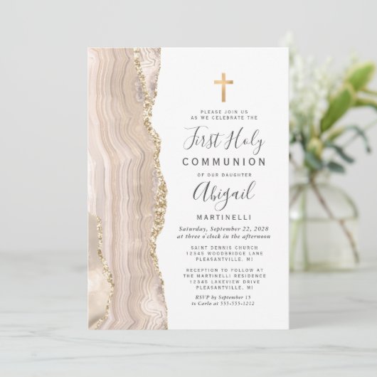 Invitation Ivory Agate Parties scintillant d'or Première comm (Debout devant)
